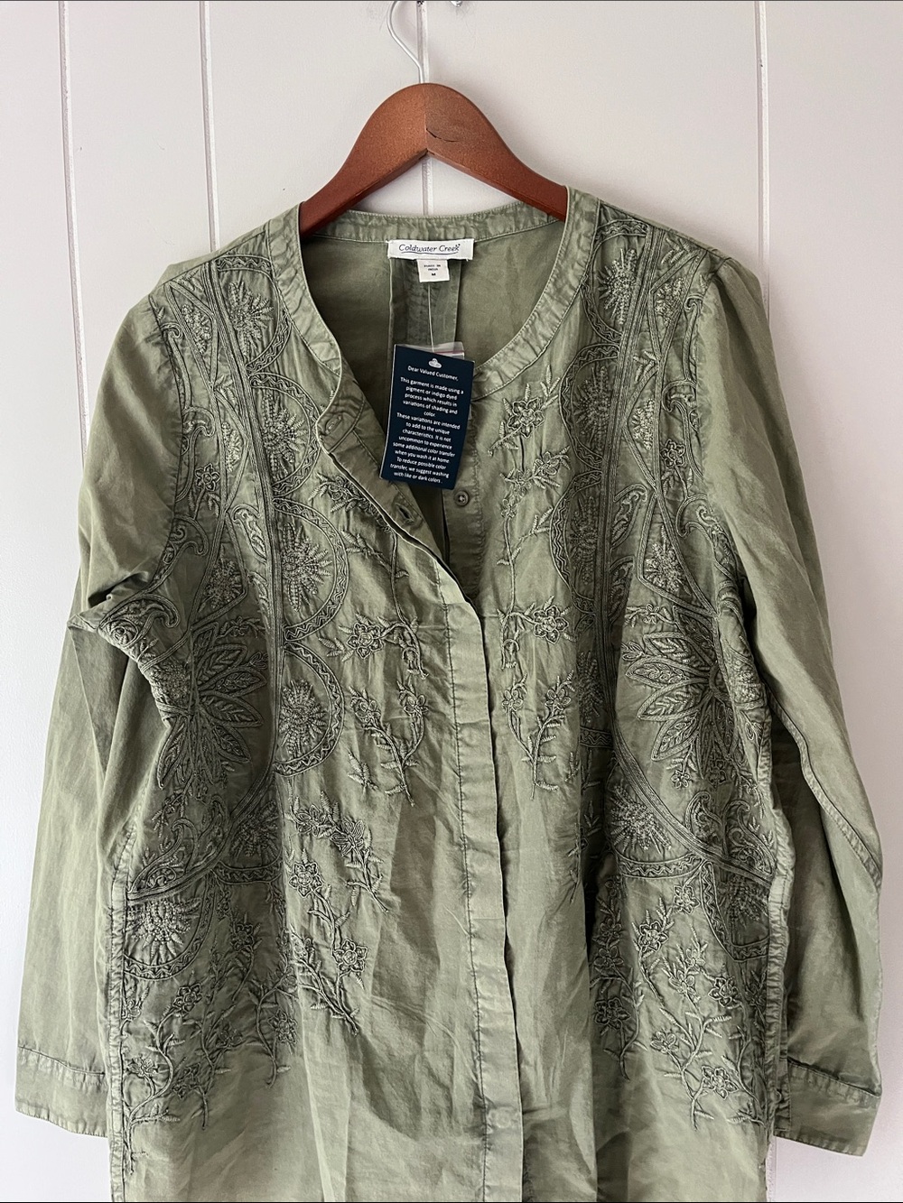 Coldwater Creek Olive Green Embroidered Button-Front Top